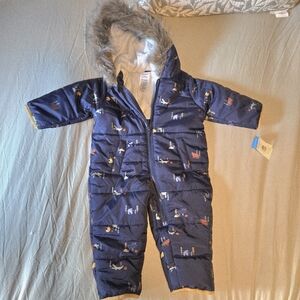 🆕️NWT Carter's Navy Snowsuit with Animal Print and Fur Hood